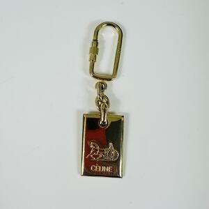 CELINE Gold Carabiner Keychain Bag Charm Horse Carriage Logo Engraved Italy